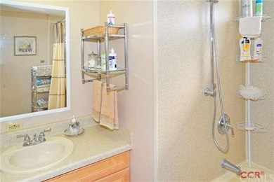 Bath has a shower and (next) photo. .