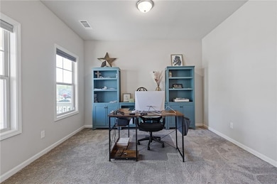 Office with visible vents, baseboards, and carpet 