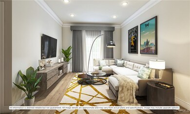 Living room with light wood-type flooring and crow