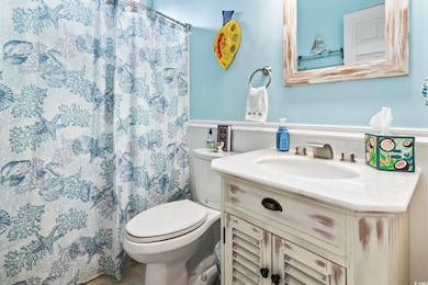 Bathroom with vanity, a shower with shower curtain