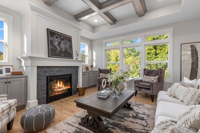 LIving room with beamed ceiling