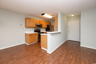 Kitchen featuring light countertops, appliances with stainless steel finishes, dark wood finished floors, and a peninsula