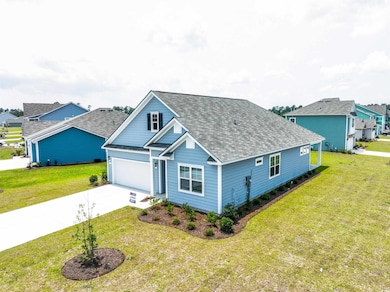 View of front of house featuring roof with shingles, concrete driveway, and a front yard