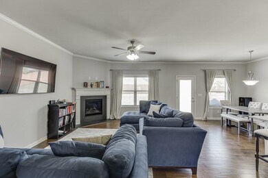 Living area featuring ceiling fan, ornamental molding, dark wood finished floors, and a fireplace with flush hearth