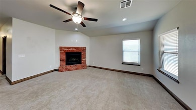 Unfurnished living room featuring vaulted ceiling, a ceiling fan, a fireplace, light carpet, and recessed lighting