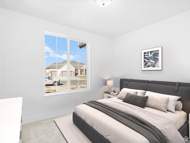 Bedroom with carpet flooring and a residential view