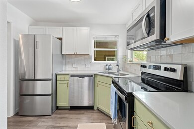 Kitchen with stainless steel appliances, green ca