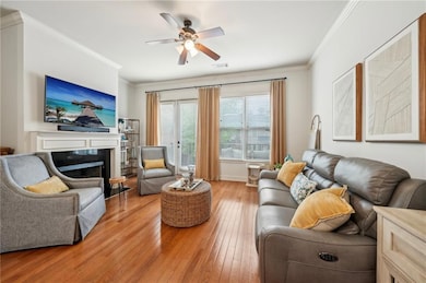 Living area with ornamental molding, light wood-style floors, ceiling fan, a fireplace, and baseboards