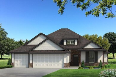View of front of property with brick siding, a front lawn, a garage, driveway, and roof with shingles