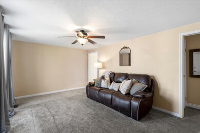 Carpeted living area with ceiling fan and a textured ceiling