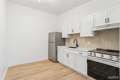 Kitchen with appliances with stainless steel finishes, white cabinetry, light wood-style flooring, under cabinet range hood, and tasteful backsplash