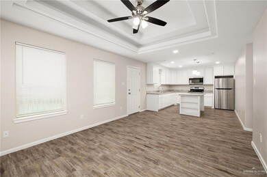 Kitchen with appliances with stainless steel finishes, a tray ceiling, recessed lighting, dark wood-type flooring, and white cabinetry