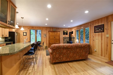 Living area featuring a wood stove, wood walls, li