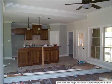 Nice open plan. Wood floors in den and hall area.