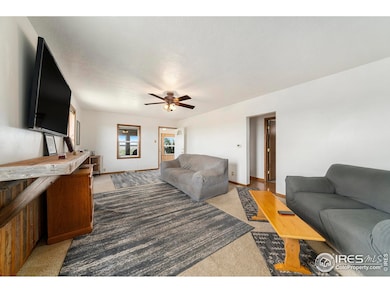 Spacious living room with ceiling fan