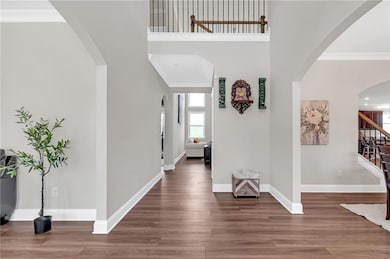Foyer entrance with dark hardwood / wood-style flo