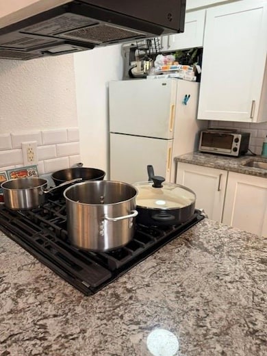 Kitchen featuring exhaust hood, fridge, white cab