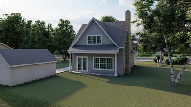Rendering of back yard with house and garage.