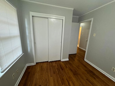 Unfurnished bedroom with ornamental molding, dark wood-type flooring, multiple windows, and a closet