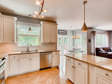 Bright kitchen with sink overlooking backyard; touchless faucet. 