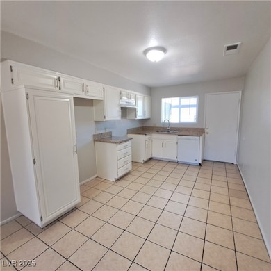 Kitchen with white cabinets, visible vents, dishwa