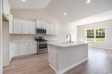 Kitchen featuring appliances with stainless steel finishes, a sink, a chandelier, white cabinets, and light wood finished floors