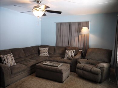 CEILING FAN AND NEUTRAL CARPETING IN FAMILY ROOM