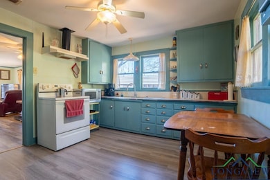 Kitchen with sink, white electric stove, wall chim