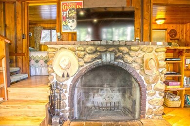 Rock and brick fireplace