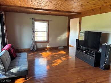 Living room featuring wood finished floors and a wooden ceiling with exposed beams