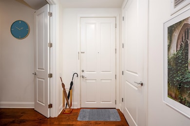 Doorway with dark hardwood / wood-style floors