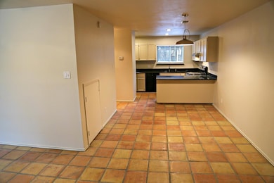 Kitchen with a sink, dark countertops, decorative
