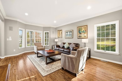 Living Room with ornamental molding, wood finished floors, and recessed lighting