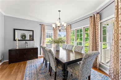 Dining room featuring a chandelier, crown molding, and wood finished floors