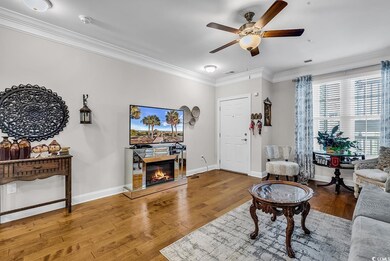 Living room with ornamental molding, ceiling fan, wood finished floors, a glass covered fireplace, and baseboards