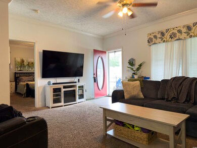 Carpeted living room featuring a textured ceiling,