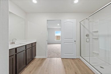 Full bath with light wood-style floors, vanity, recessed lighting, and a shower stall
