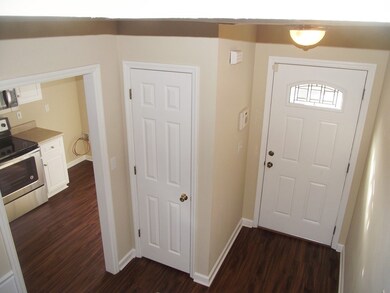 Downstairs has wood-look flooring