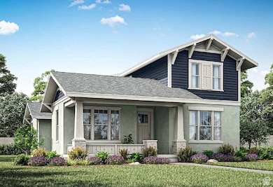 View of front of home featuring a shingled roof, covered porch, stucco siding, and a front yard