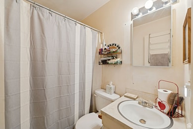 Full bathroom with vanity and curtained shower