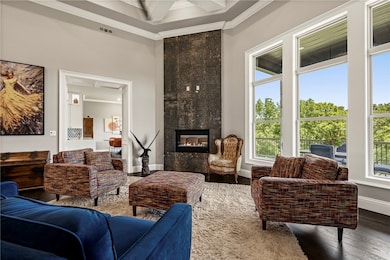 Two sided fireplace between great room and family