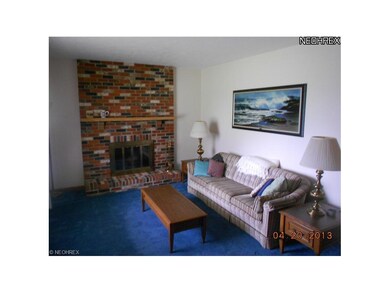 Sunken living room with woodburning fireplace.