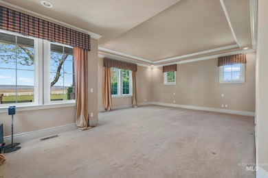 Carpeted empty room with a raised ceiling and ornamental molding