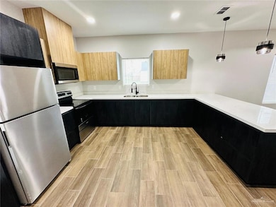 Kitchen with stainless steel appliances, a sink, modern cabinets, dark cabinetry, and light brown cabinets