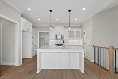 Kitchen featuring glass insert cabinets, decorative backsplash, white cabinets, crown molding, and a kitchen island with sink
