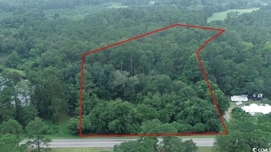 Aerial overview of property's location with property parcel outlined and a forest