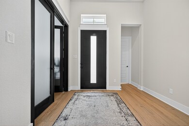 This entryway features a modern black front door with a vertical glass panel, light wood flooring, and neutral walls. A large area rug adds texture, while frosted glass doors on the side enhance privacy and style.