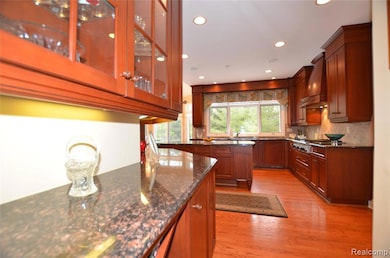 Kitchen featuring dark stone countertops, recessed lighting, light wood-type flooring, decorative backsplash, and premium range hood