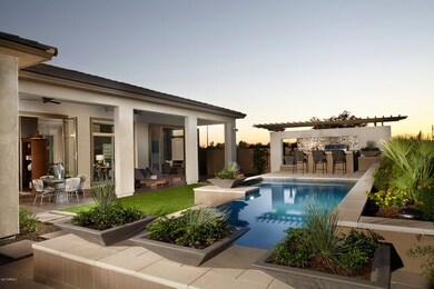 Fuly landscaped backyard with pool, fire