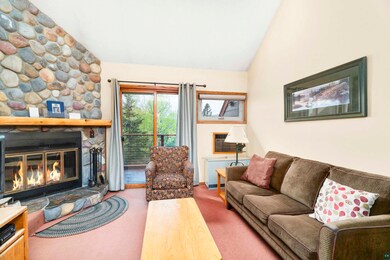 Living room with carpet flooring, a stone fireplac